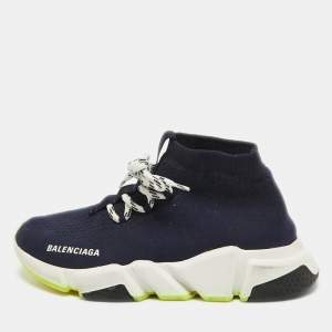 Pre Owned Balenciaga Navy Blue Knit Speed Trainer High Top Sneakers Size 38