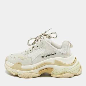 Balenciaga White/Grey Mesh and Leather Triple S Low Top Sneakers Size 37