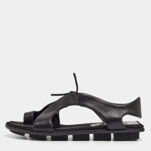 Pre Owned Balenciaga Black Leather Toe Ring Flat Sandals Size 40