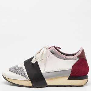 Balenciaga White/Burgundy Leather,Suede and Mesh Race Runner Sneakers Size 38