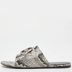 Pre Owned Balenciaga Grey/White Python Embossed Leather BB Flat Slides Size 7