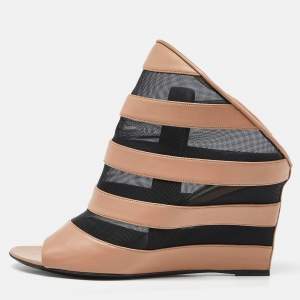Pre Owned Balenciaga Brown/Black Leather and Mesh Glove Wedge Open Toe Sandals Size 39