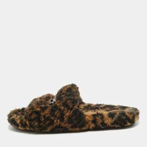 Balenciaga Brown/Black Fur Leopard Print Flat Slides Size 39