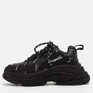 Pre Owned Balenciaga Black Faux Leather Triple S All Over Logo Sneakers Size 39