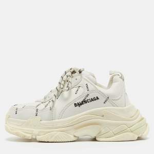 Balenciaga White Logo Print Leather Triple S Sneakers Size 36