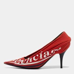 Pre Owned Balenciaga Red Pleated Fabric Logo Print Knife Pumps Size 38