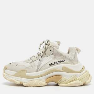 Balenciaga White/Grey Mesh and Leather Triple S Sneakers Size 35