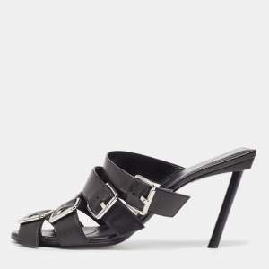 Balenciaga Black Leather Buckle Strappy Slide Sandals Size 39