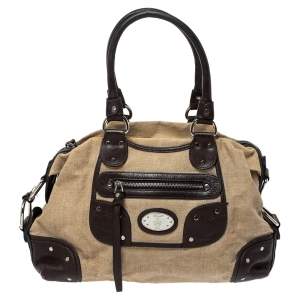 Bally Beige/Brown Canvas and Leather Zip Pocket Satchel