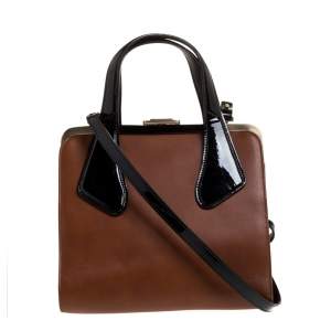 Bally Brown/Black Leather and Patent Leather Frame Top Handle Bag