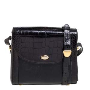 Bally Black Croc Embossed Leather Vintage Flap Shoulder Bag