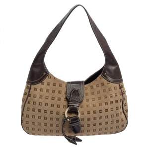 Bally Brown/Beige Monogram Canvas and  Leather Flap Hobo