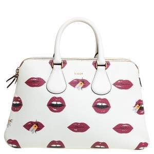 Bally White Lip Print Leather Berkeley Double Zip Tote