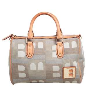 Bally Beige/Grey Monogram Fabric and Leather Boston Bag
