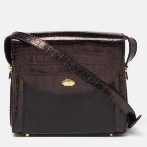 Bally Black Leather and Croc Embossed Leather Vintage Flap Crossbody Bag