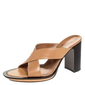 Bally Brown Leather Cross Strap Block Heel Slide Sandals Size 38