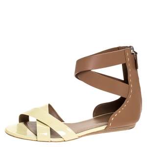 Bally Cream/Brown Patent Leather And Leather Cross Strap Flat Sandals Size 39