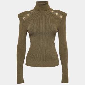 Balmain Olive Green Knit High Neck Button Detailed Sweater M
