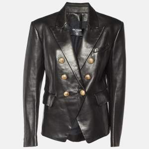 Pre Owned Balmain Black Leather Double Breasted Jacket XL