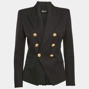 Balmain Black Wool Gabardine Button Detail Double Breasted Blazer M