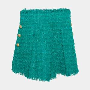 Balmain Green Tweed Button Detail High Rise Shorts S