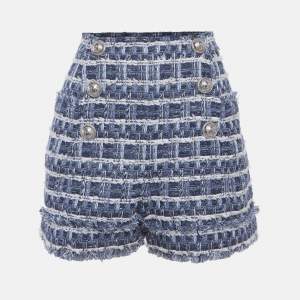 Pre Owned Balmain Blue Tweed High Rise Shorts L