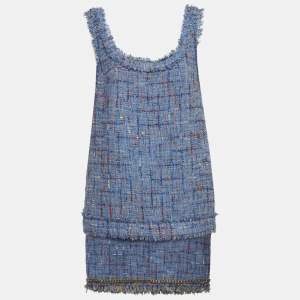 Pre Owned Balmain Blue Tweed and Denim Sleeveless Top & Mini Skirt Suits L