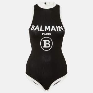 Pre Owned Balmain Monochrome Logo Knit Bodysuit S