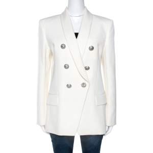Pre Owned Balmain Off White Wool Double Breasted Blazer M