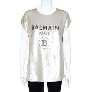 Balmain Pale Gold Sequined Logo Top S