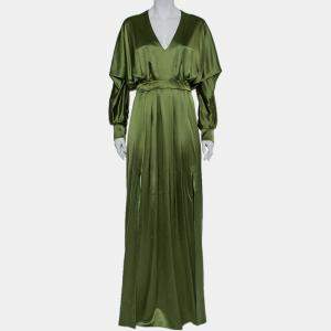 Balmain Green Silk Satin Pleated Front Slit Detail Maxi Dress S