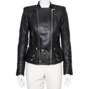Pre Owned Balmain Black Leather Zip Front Biker Jacket M