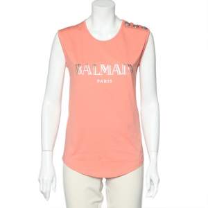 Pre Owned Balmain Peach Logo Printed Cotton Button Detail Sleeveless T-Shirt S