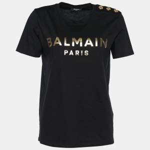 Pre Owned Balmain Black Logo Printed Cotton Short Sleeve T-Shirt XS