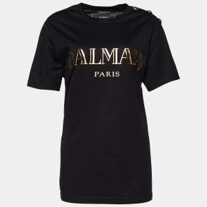 Pre Owned Balmain Black Logo Print Cotton Button Detail T-Shirt XL