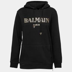 Pre Owned Balmain Black Logo Printed Cotton Zip Detail Hoodie S