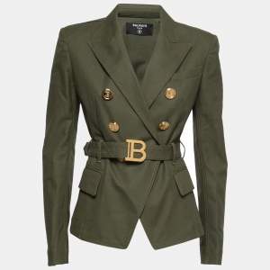 Pre Owned Balmain Olive Green Cotton Double Breasted Belted Blazer M