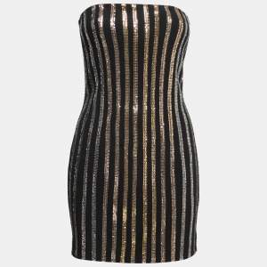Balmain Black Crepe Gold Striped Embellished Strapless Mini Dress M