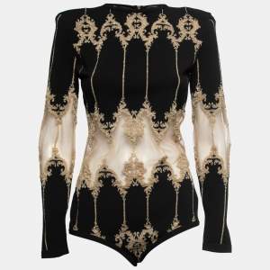 Balmain Black Stretch-Knit Metallic Tulle Paneled Bodysuit L