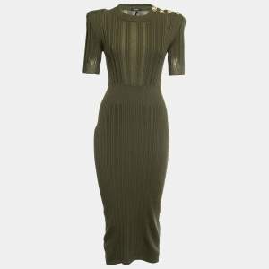 Balmain Olive Green Stretch Knit Midi Dress M