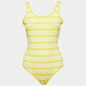Balmain Yellow Logo Print Striped Nylon Swimsuit M