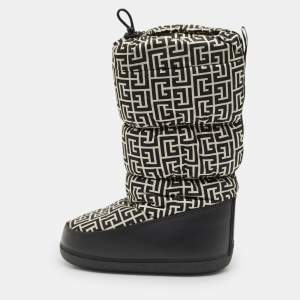 Balmain Black/White Fabric and Leather Monogram Polyamide Snow Boots Size 38- 40