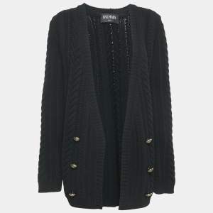 Balmain Black Cable Knit Open Front Cardigan M 