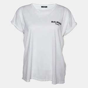 Balmain White Logo Flock Print Cotton Crew Neck T-Shirt S
