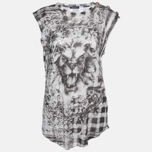 Balmain Grey Printed Linen Knit Sleeveless Top M
