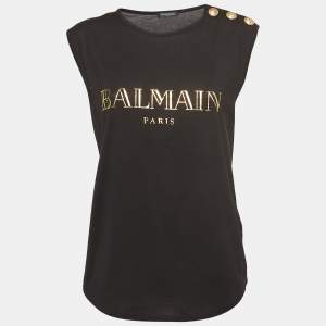 Pre Owned Balmain Black Logo Print Cotton Tank Top S