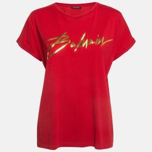 Balmain Red Foil Logo Printed Cotton T-Shirt M