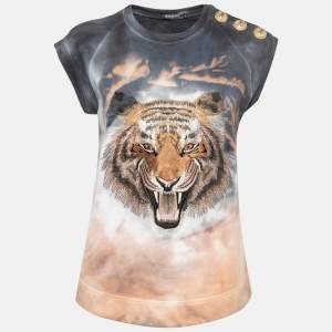 Balmain Multicolor Tiger Embroidered Dyed Cotton T-Shirt S