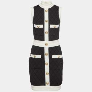 Balmain Black Patterned Jersey Detailed Button Mini Dress M
