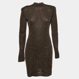 Balmain Brown Crocodile Patterned Jersey Fitted Mini Dress L